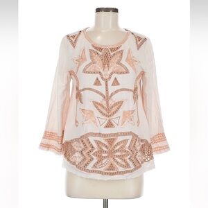 Free People New Romantics Boho Embroidered Raw Hem Blouse• Medium